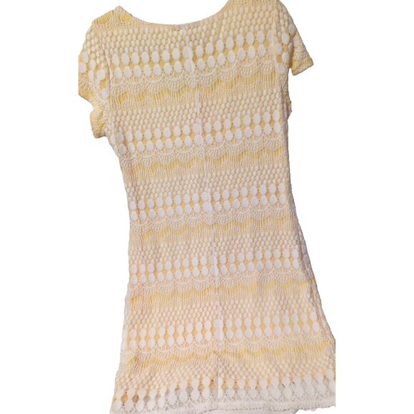 Tatiana B Size LG  Sheath Dress White Lace on Yellow Cap Sleeve  Slimming - Picture 3 of 6